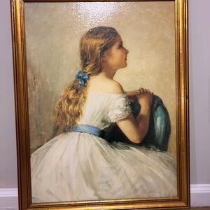 Classic Portrait Wall Art - Young Girl in White Dress with Blue Accents Canvas